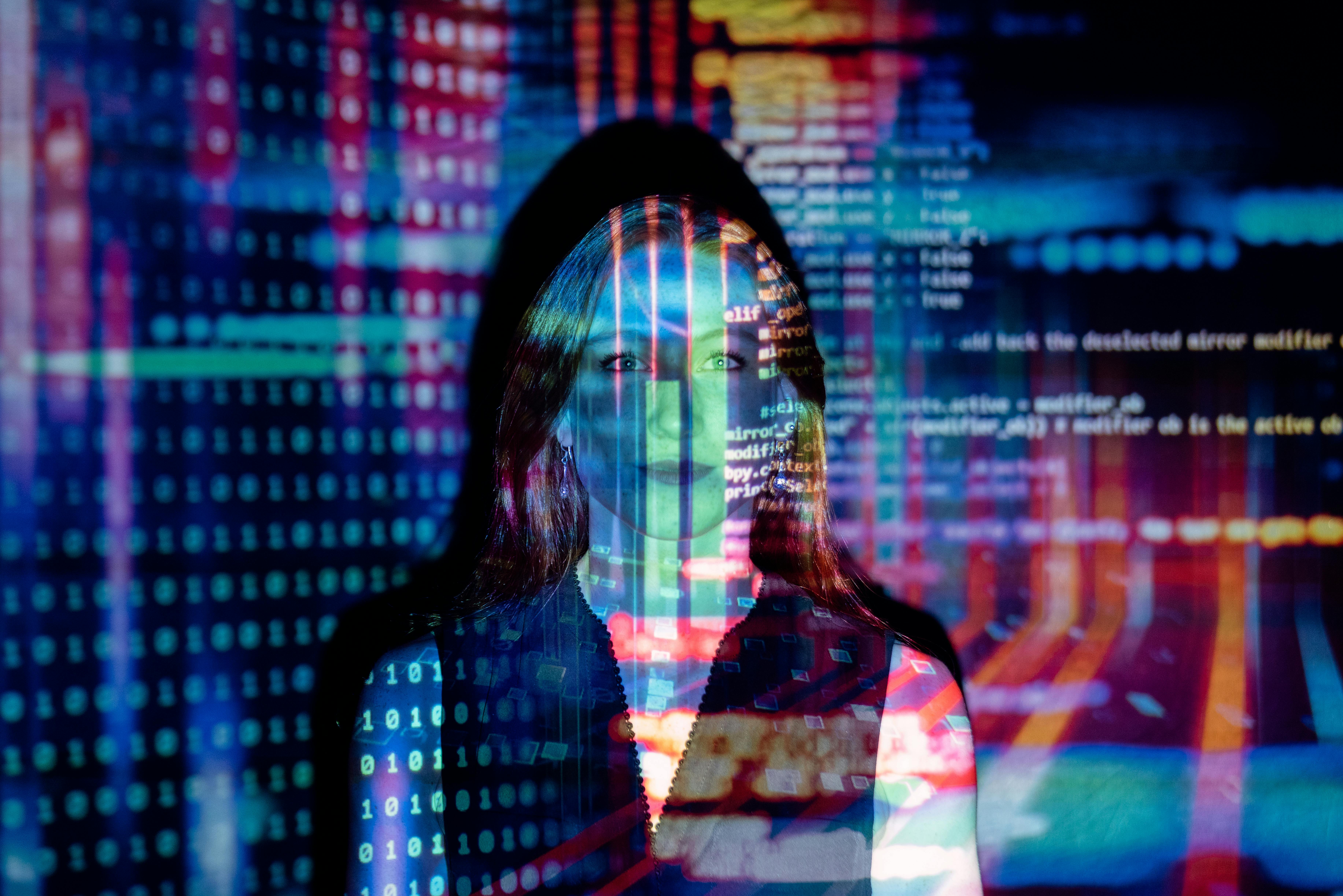 Girl covered in code